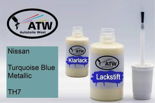 Nissan, Turquoise Blue Metallic, TH7: 20ml Lackstift + 20ml Klarlack - Set, von ATW Autoteile West.